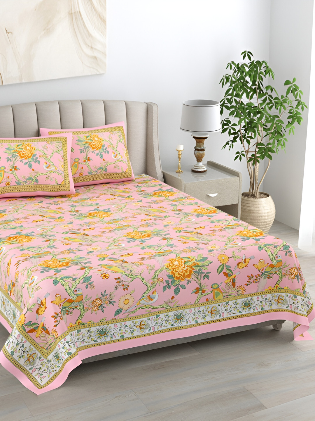 EasyGoods Kaya Peach Floral Cotton 400 TC King Superfine Bedsheet with 2 Pillow Covers-95 x 108 inches