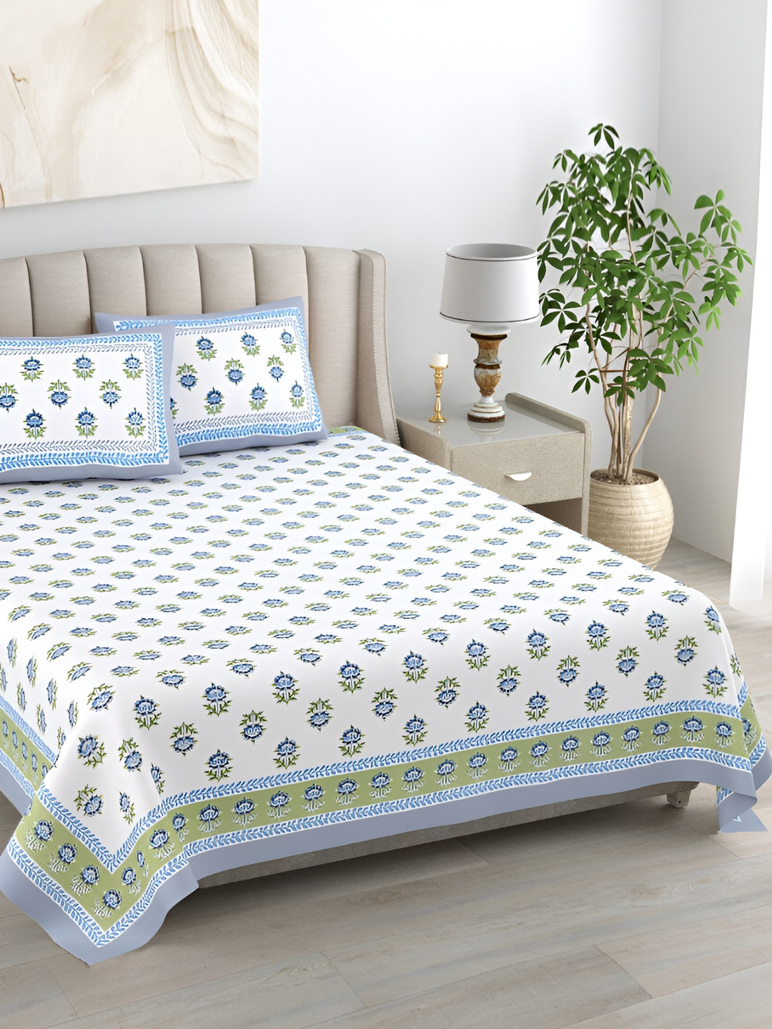 EasyGoods Kaya Blue Floral Cotton 400 TC King Superfine Bedsheet with 2 Pillow Covers-95 x 108 inches