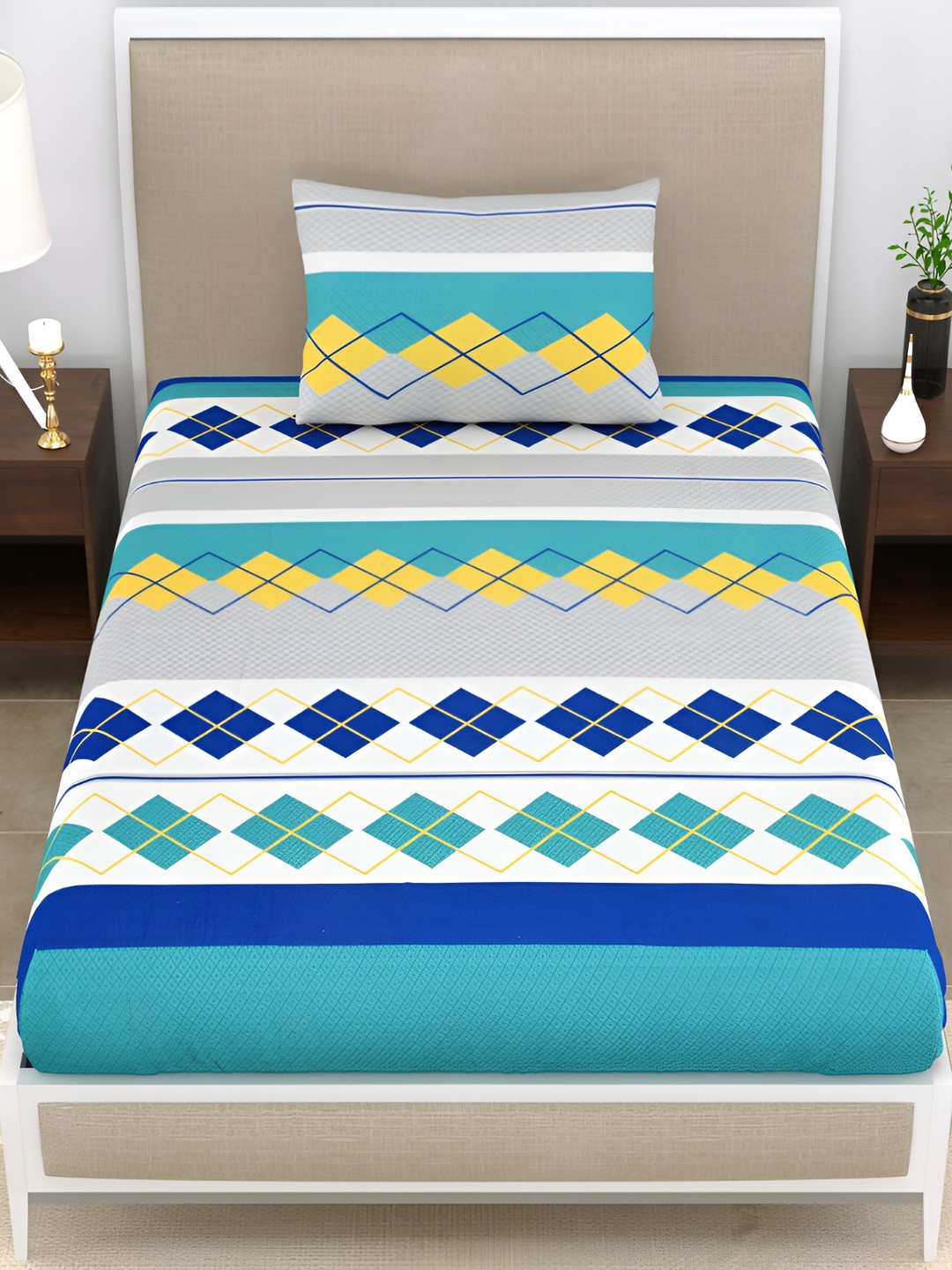 EasyGoods Merino Blue Geometric Polycotton 210 TC Single Fine Bedsheet with a Pillow Cover-89 x 60 inches