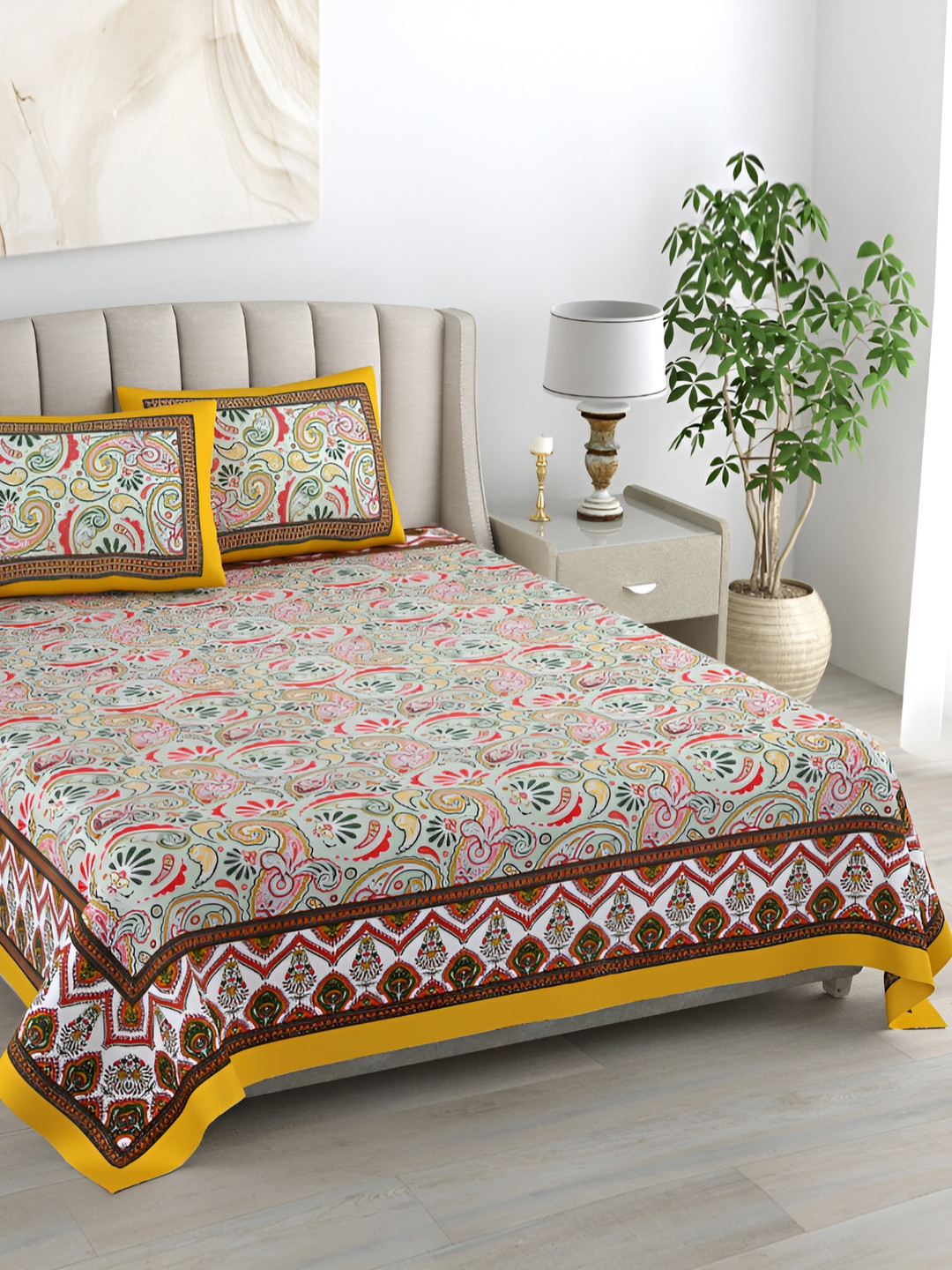EasyGoods Kaya Green Ethnic Motifs Cotton 400 TC King Superfine Bedsheet with 2 Pillow Covers-95 x 108 inches
