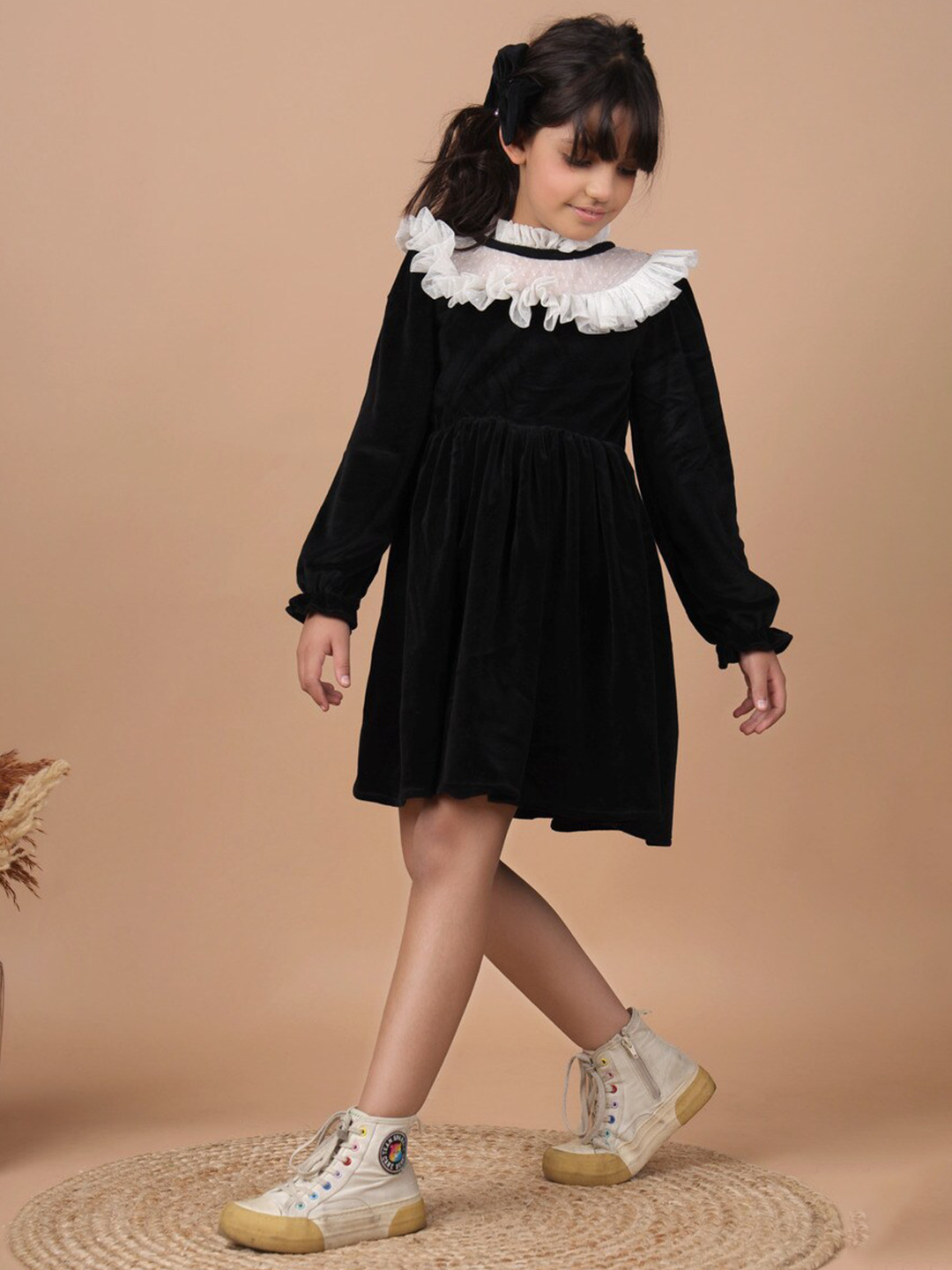 Foreverkidz Girls High Neck long Puff Sleeves Ruffles Above Knee Fit & Flare Dress