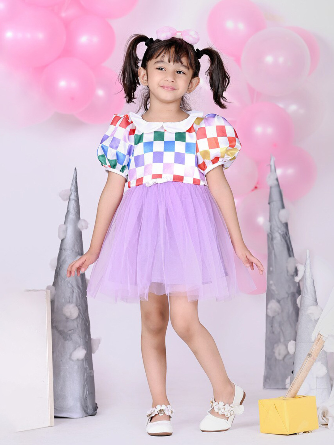 Foreverkidz Girls Checked Print Peter Pan Collar Puff Sleeves Fit & Flare Mini Dress