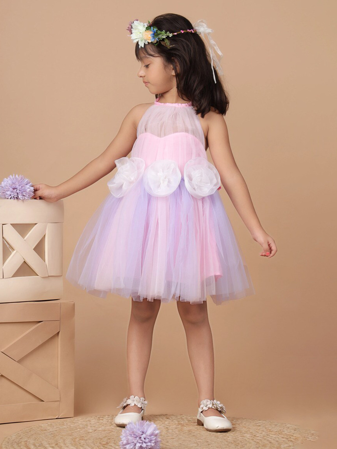 Foreverkidz Girls Halter Neck Sleeveless Bow Flared Net A-Line Dress