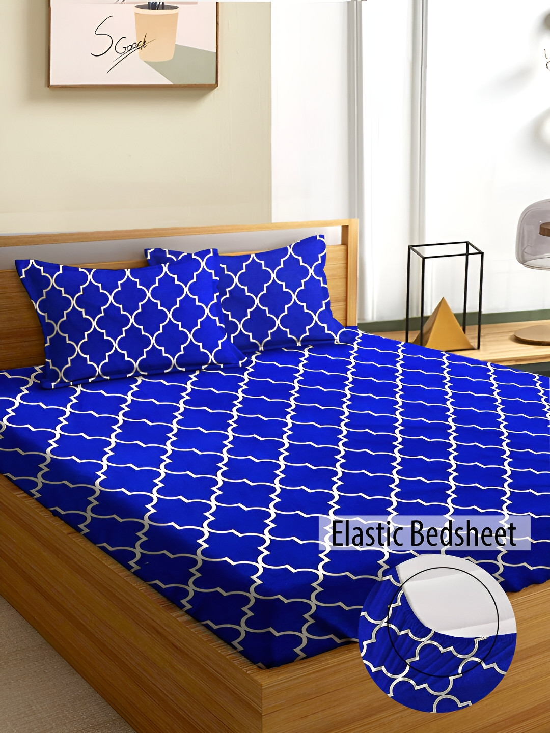 Aura Moroccan Blue Geometric Microfiber 180 TC Fitted Queen Fine Bedsheet with 2 Pillow Covers-78 x 72 inches