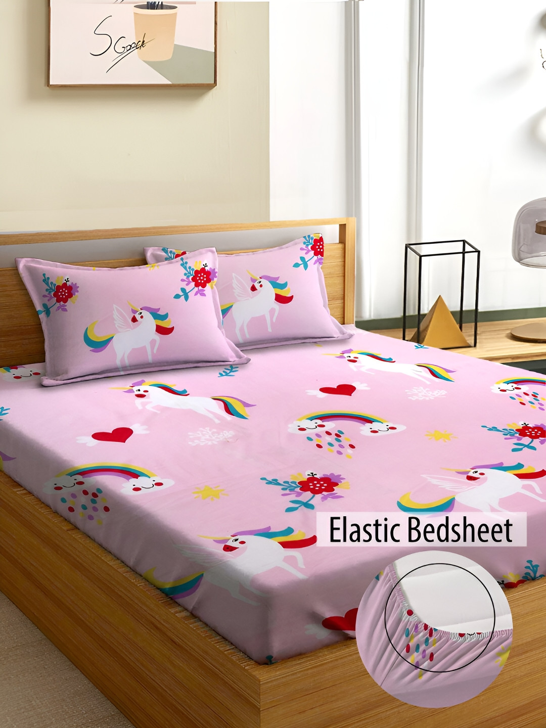 Aura Pink Cartoon Characters Microfiber 180 TC Fitted Queen Fine Bedsheet with 2 Pillow Covers-72 x 78 inches
