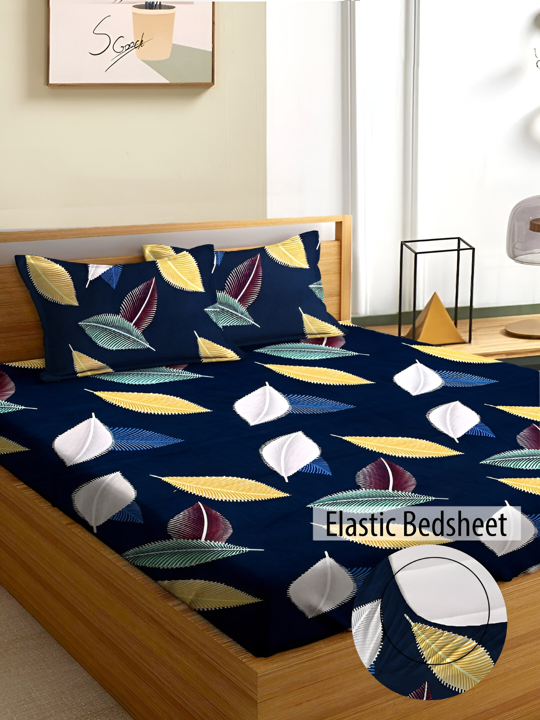 Aura Live Beautiful Blue Leaf Microfiber 180 TC Fitted Queen Fine Bedsheet with 2 Pillow Covers-72 x 78 inches