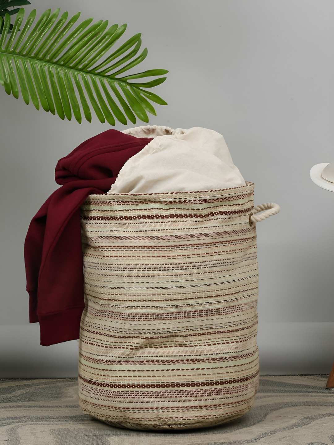 DREAM WEAVERZ Large Cylinder Shaped Beige Woven Laundry Basket