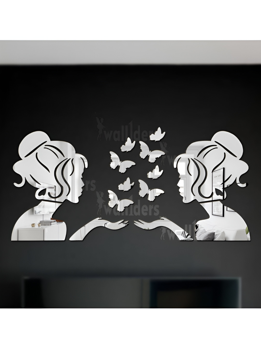 Wall1ders Silver Toned Opposite Angel Mirror Wall Sticker