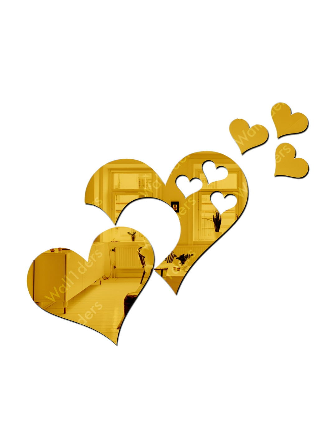 Wall1ders Gold Toned Combo Of Heart Mirror Wall Sticker