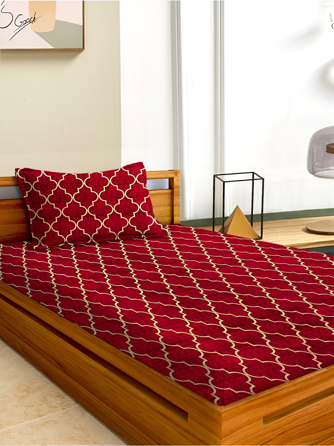 Aura Live Beautiful Red Geometric Microfiber 180 TC Single Fine Bedsheet with a Pillow Cover-60 x 88 inches