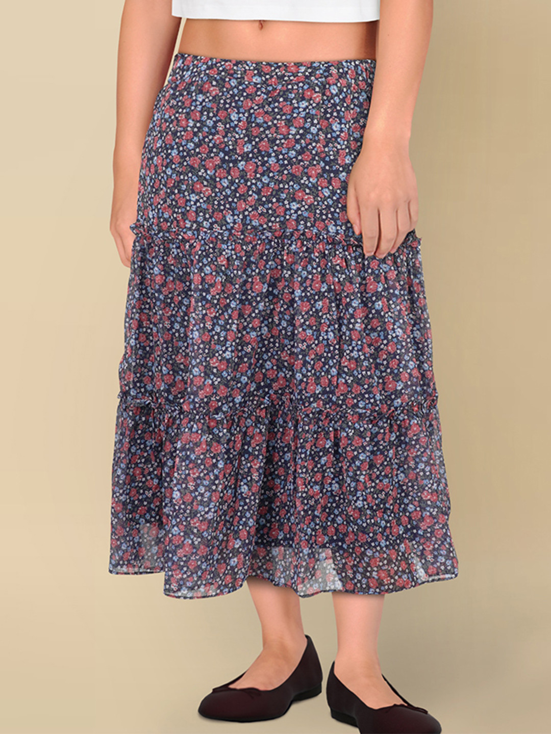 Allen Solly Junior Girls Floral Printed Gathered Detailed Pure Cotton Flared Skirt