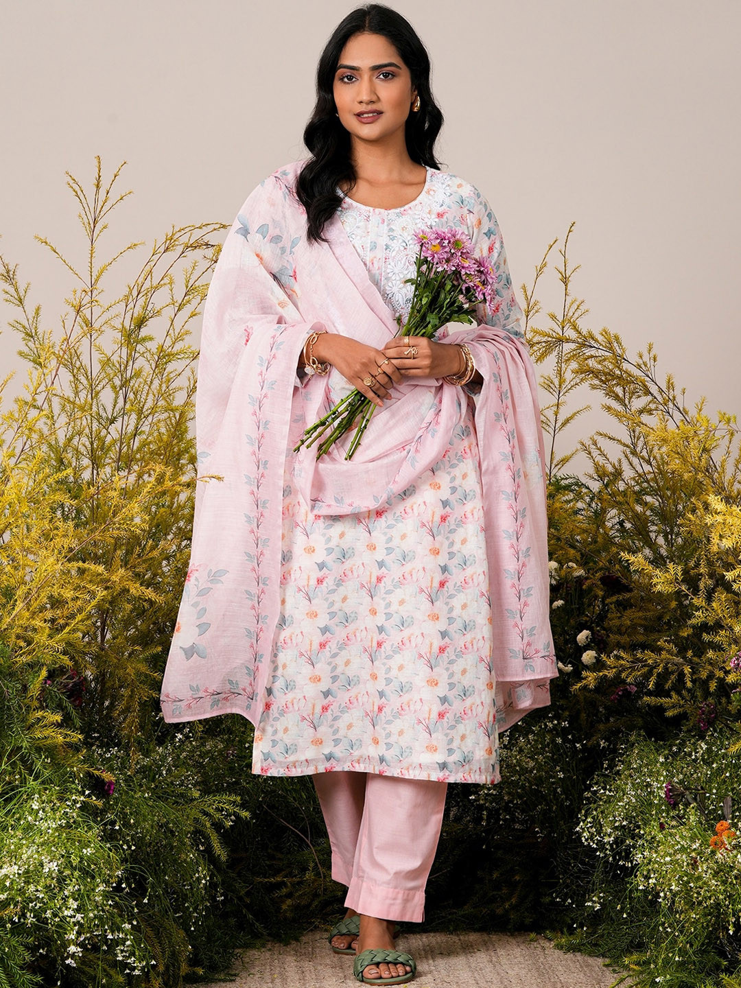 Libas Pink Floral Printed Straight Round Neck Thread Work Linen Kurta Set