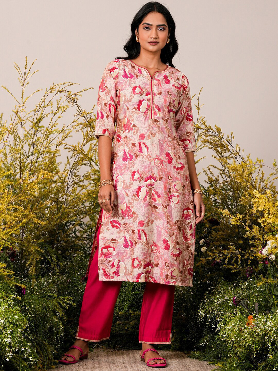 Libas Pink Floral Printed Straight Three-Quarter Sleeves Gotta Patti Kurta With Palazzo