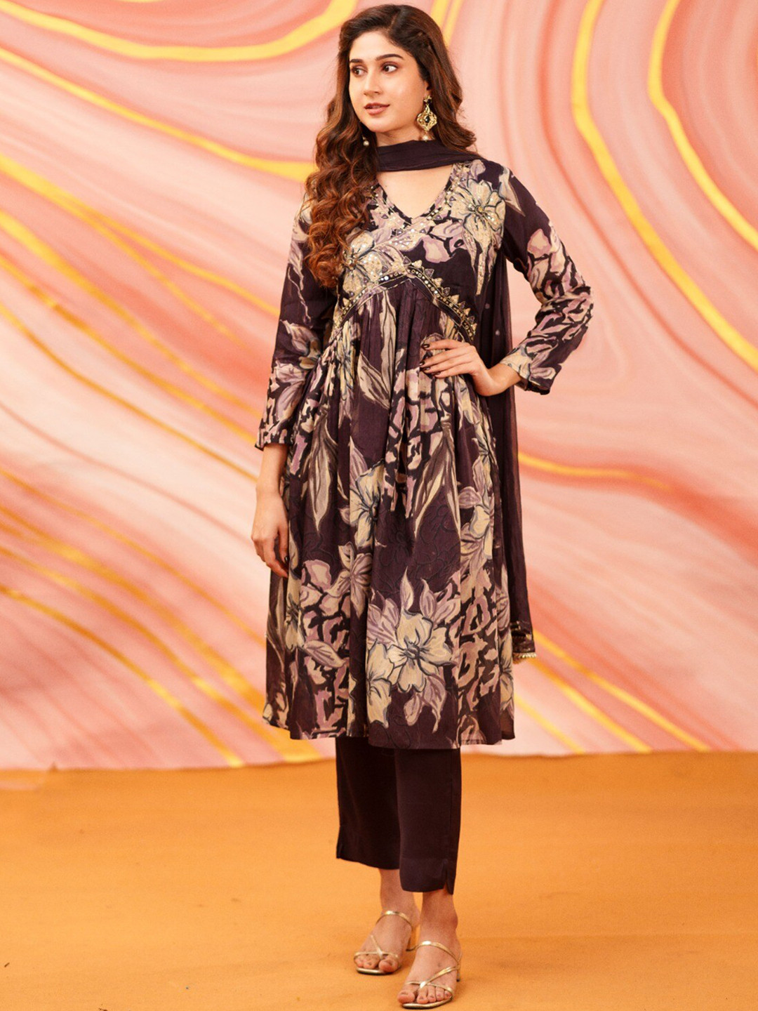 Vinya Floral Printed V-Neck Thread Work A-Line Kurta with Trousers & With Dupatta