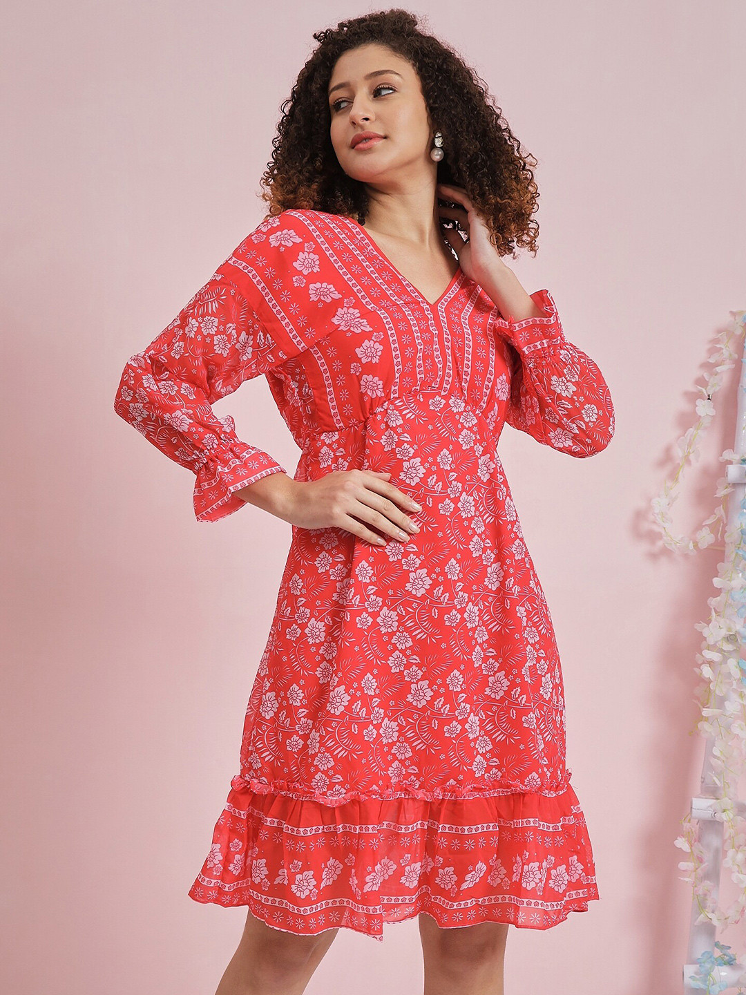Athena Floral Printed Bell Sleeve Georgette Fit & Flare Dress