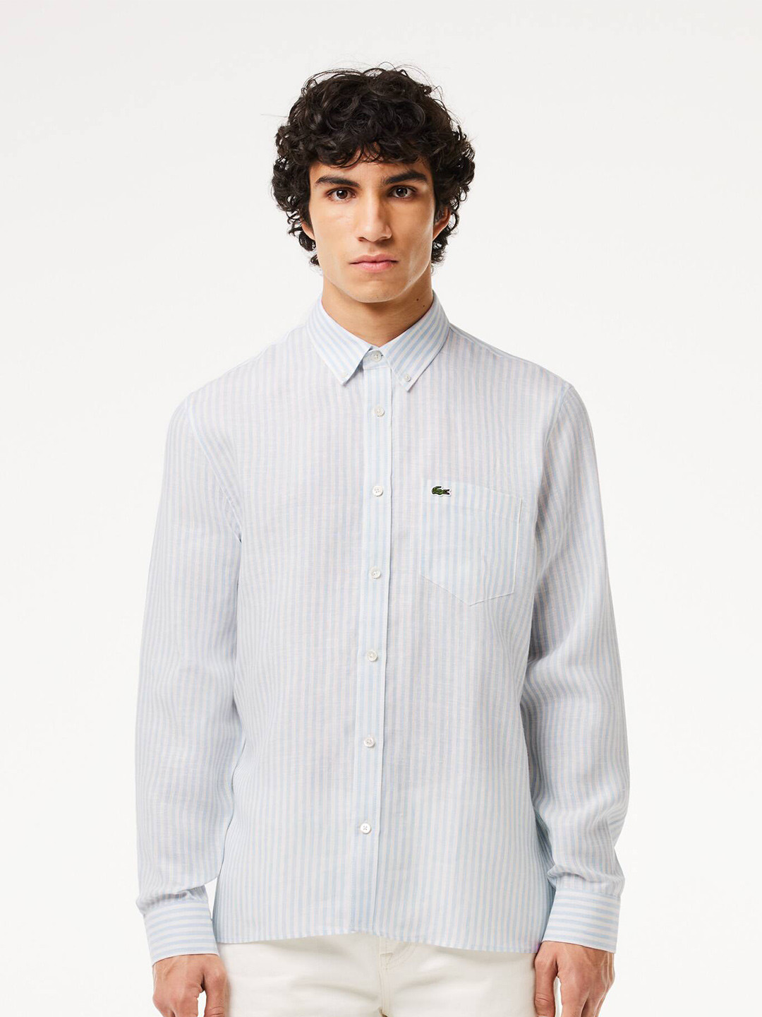 Lacoste Pinstripes Button-Down Collar Linen Casual Shirt