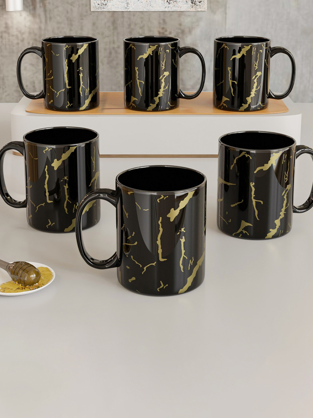 The Earth Store Forest of Greens Black Abstract Ceramic Handcrafted 6 Piece Mug-370ml