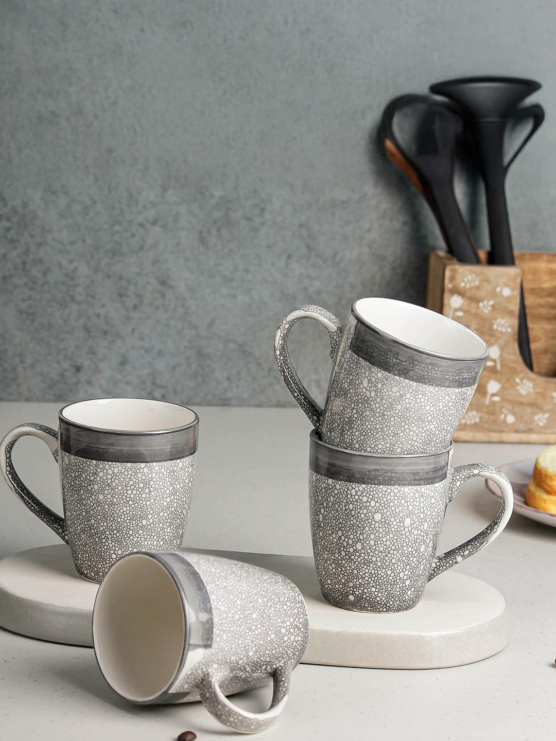 The Earth Store Floral Lush Grey Abstract Ceramic Handcrafted 4 Piece Mugs-280ml
