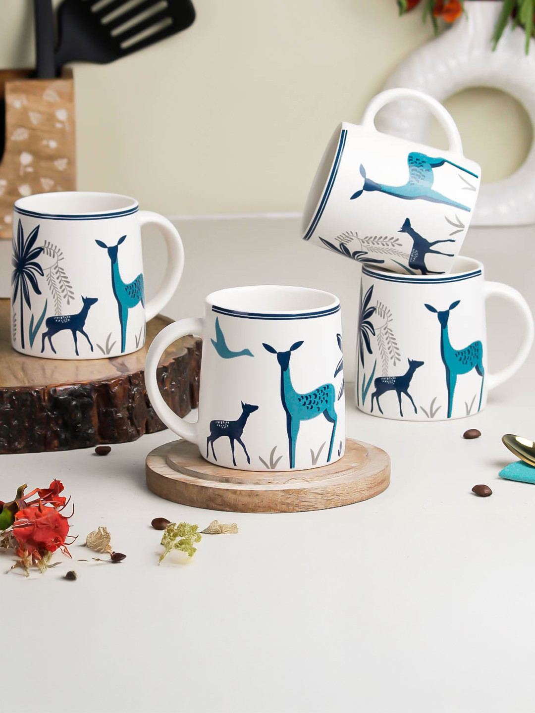 The Earth Store White Animal Print Ceramic Microwave Safe 4 Piece Mugs-300ml
