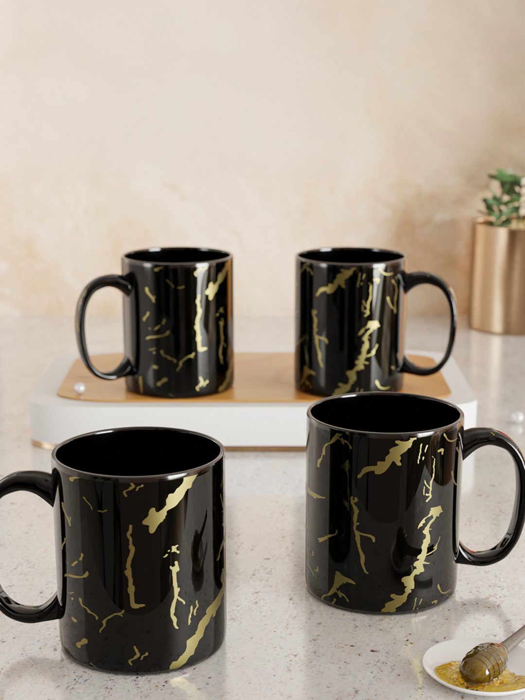 The Earth Store Black Abstract Ceramic Handcrafted 4 Piece Mug-370ml