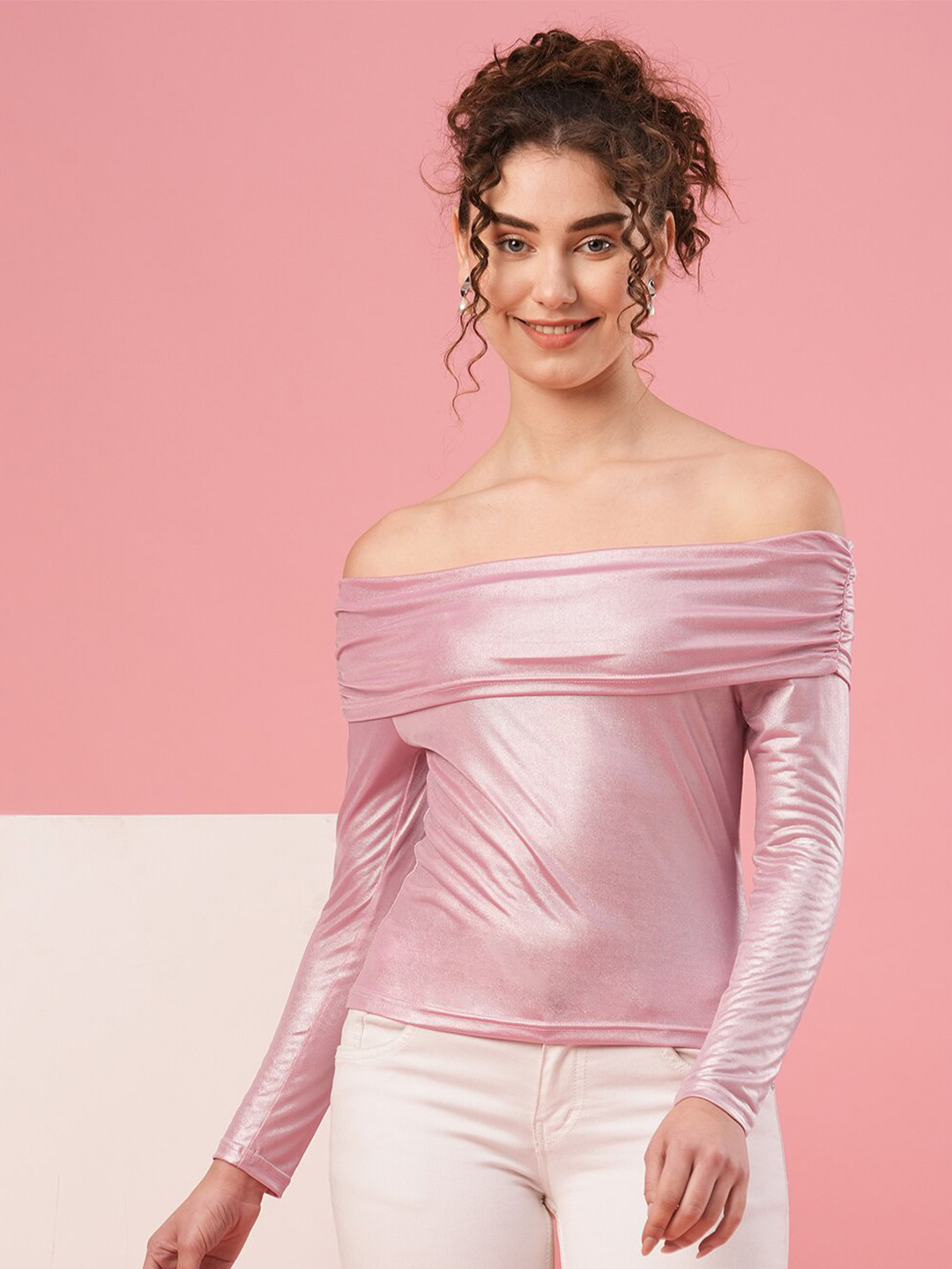Globus Pink Off-Shoulder Long Sleeves Opaque Bardot Top