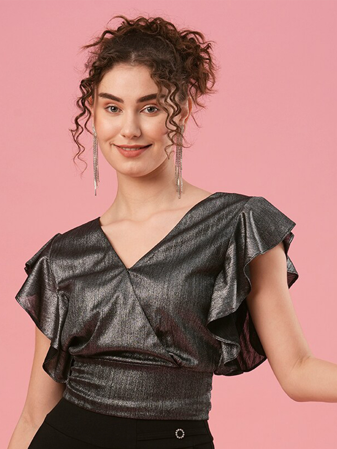 Globus Black V-Neck Flutter Sleeve Opaque Wrap Top