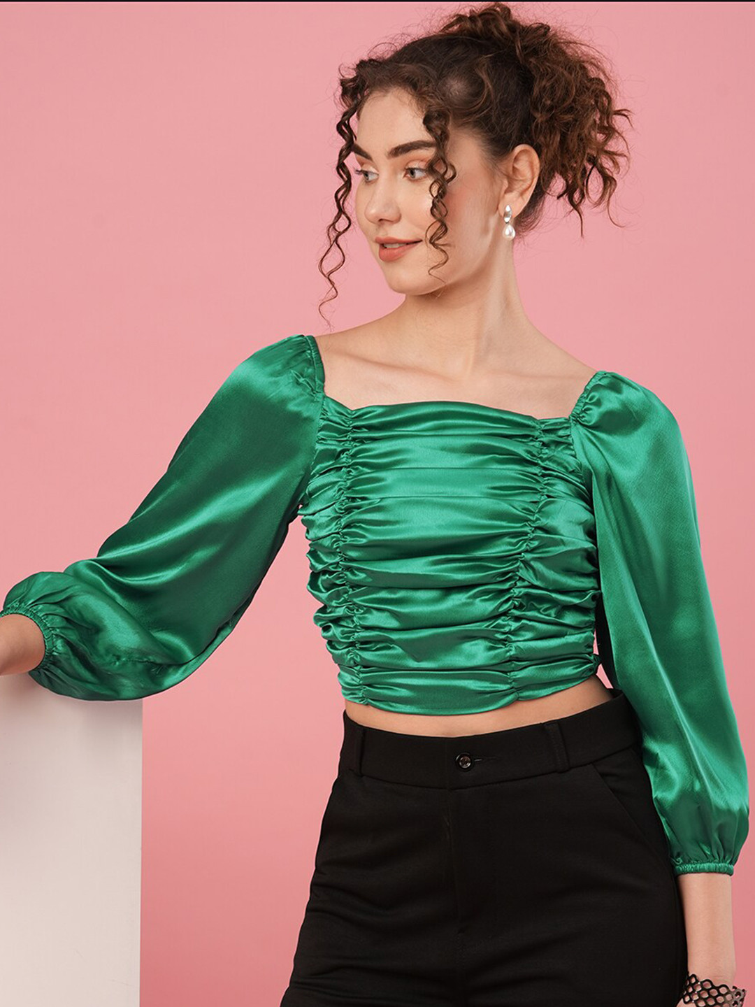 Globus Green Puff Sleeve Gathered Satin Fitted Crop Top