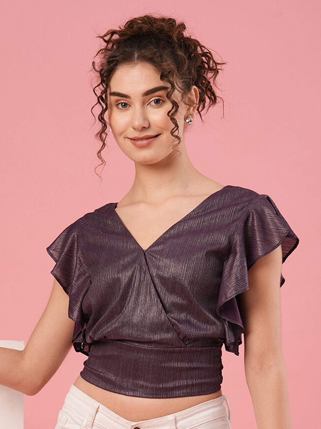 Globus Purple Flutter Sleeve Wrap Crop Top