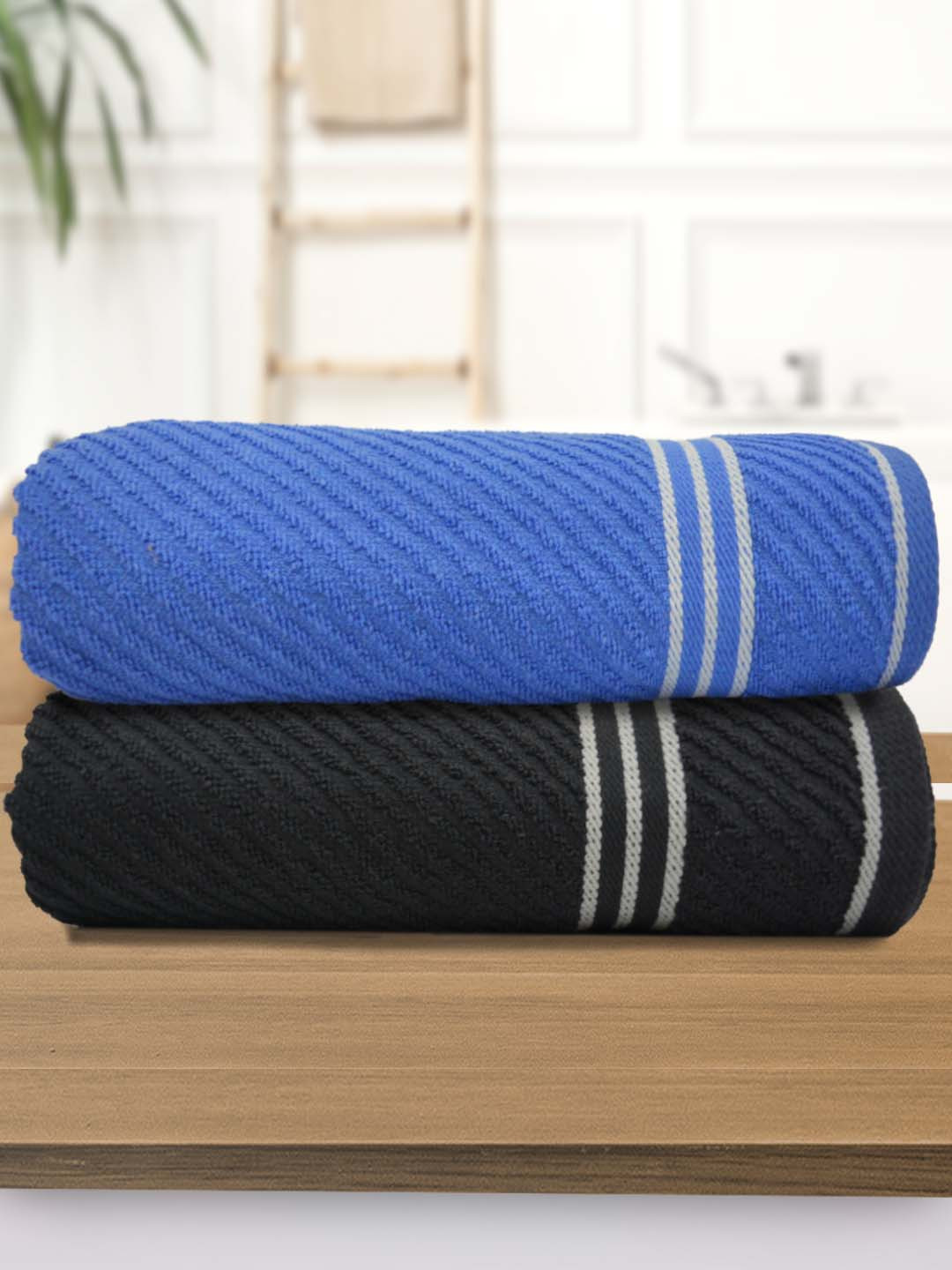 Athom Living Blue & Black 2 Pieces Cotton 380 GSM Bath Towels