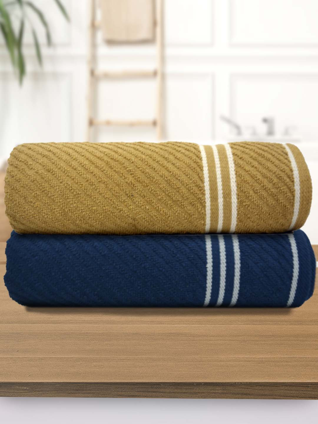 Athom Living Brown Navy Blue 2 Pieces 380 GSM Striped Bath Towels