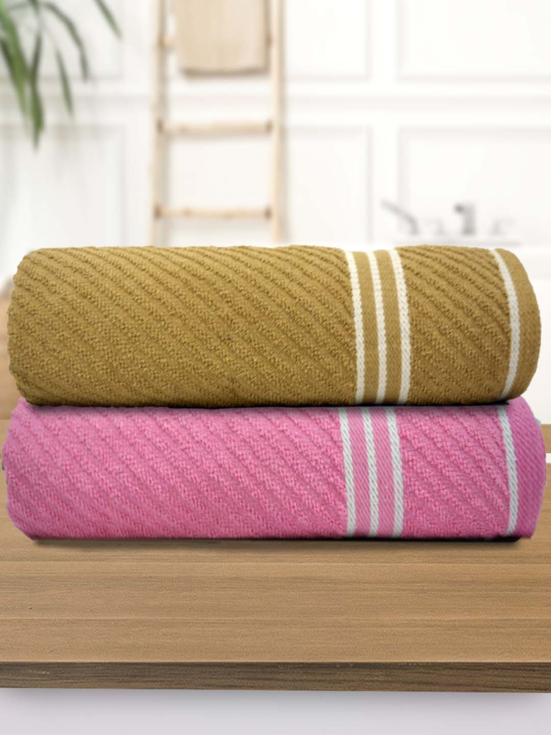 Athom Living Beige Pink 2 Piees 380 GSM Striped Bath Towels