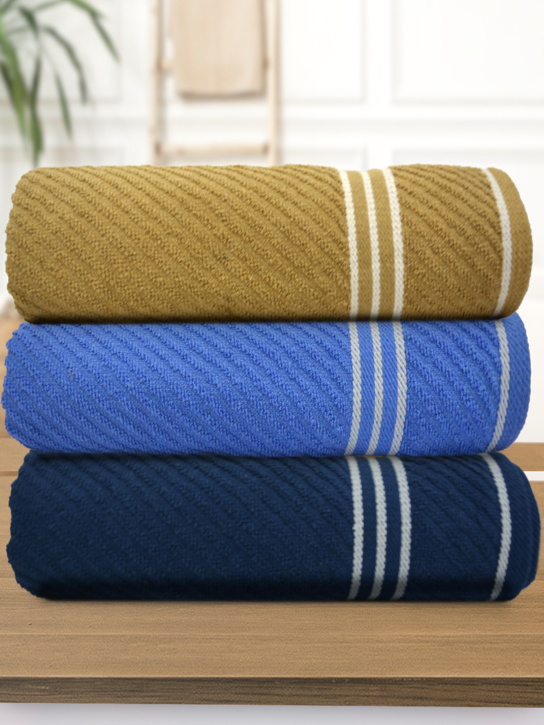 Athom Living Beige Brown 3 Pieces 380 GSM Striped Bath Towels