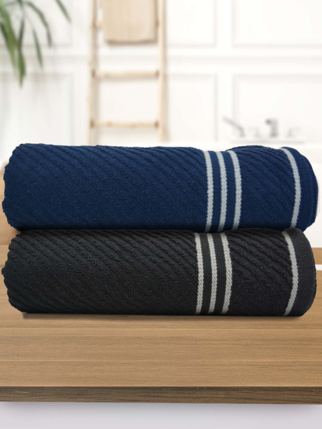 Athom Living Navy Blue Black 2 Pieces Striped Bath Towels