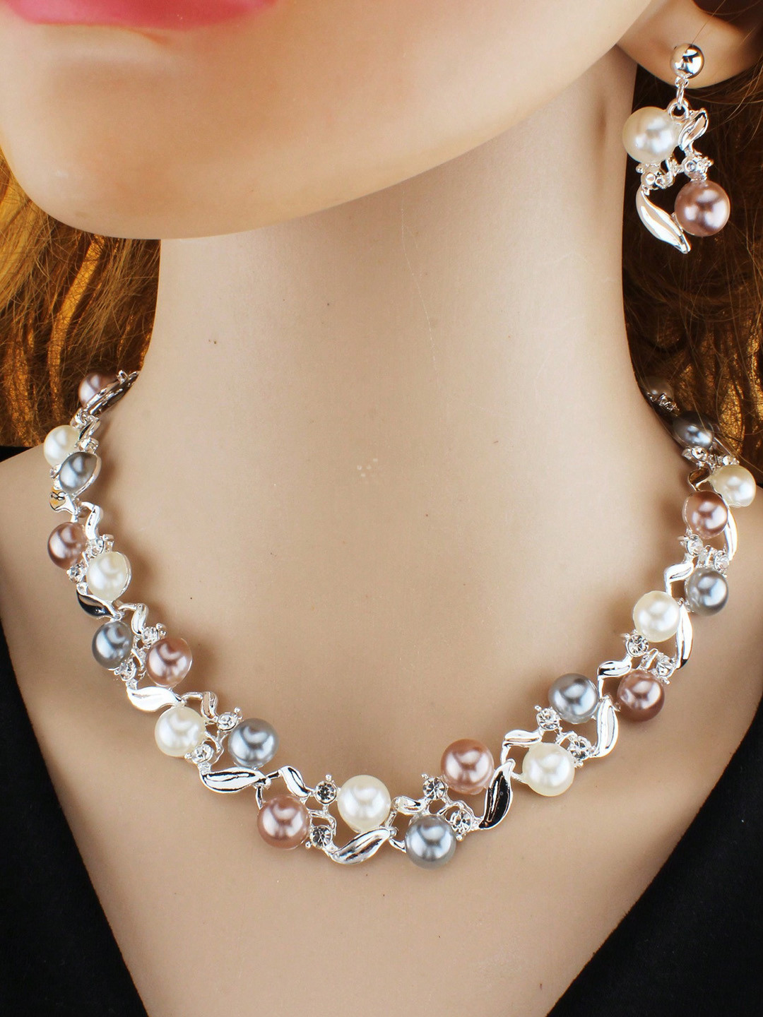 Shining Diva Fashion Silver-Plated Pearls-Beaded Jewellery Set