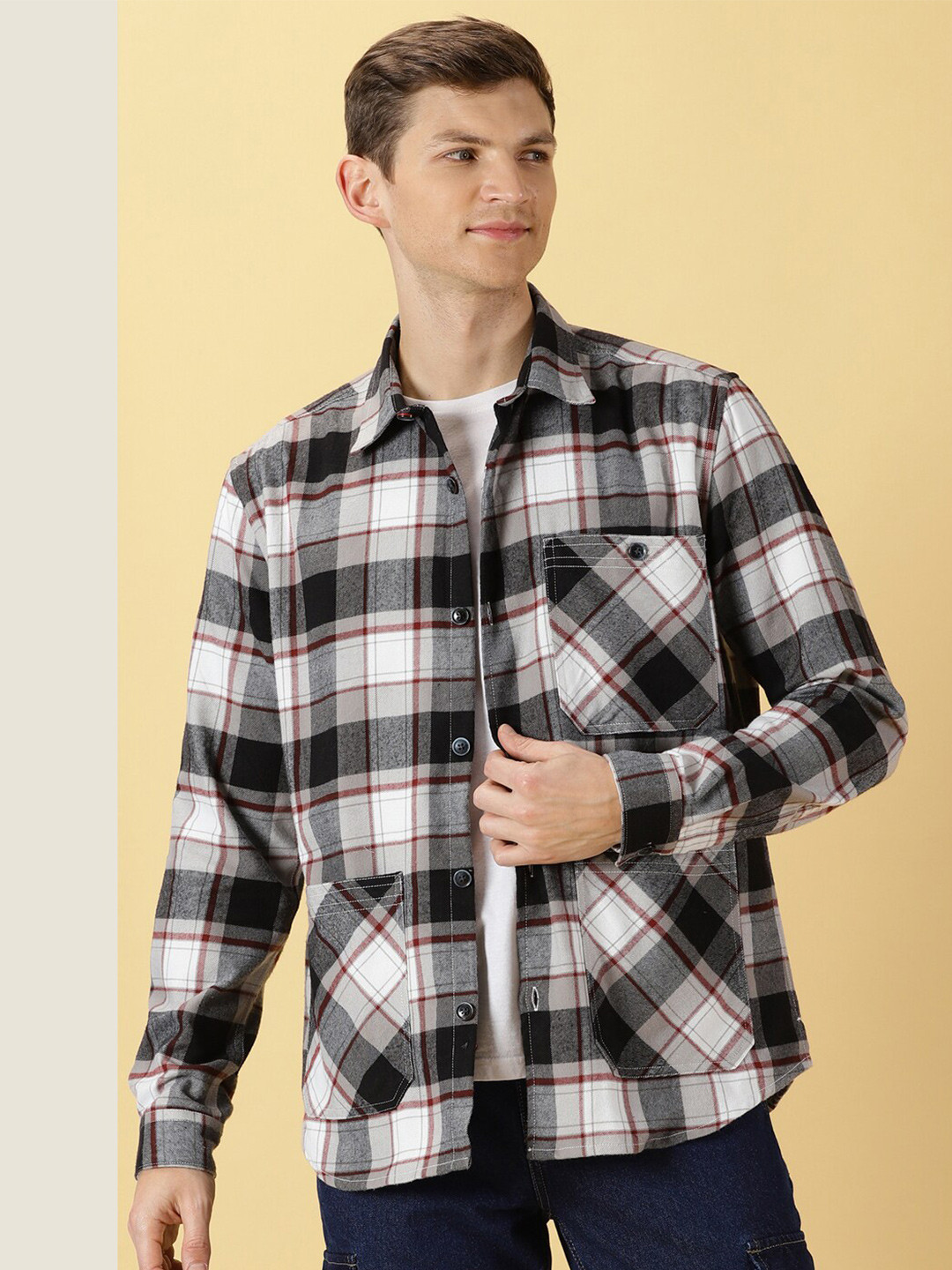 Thomas Scott Spread Collar Long Sleeves Classic Checked Oversized Casual Shirt