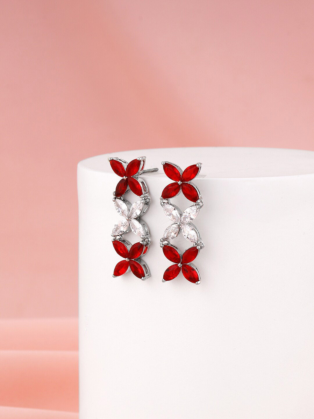 GIVA 925 Sterling Silver Rhodium-Plated Stone Studded Floral Drop Earrings