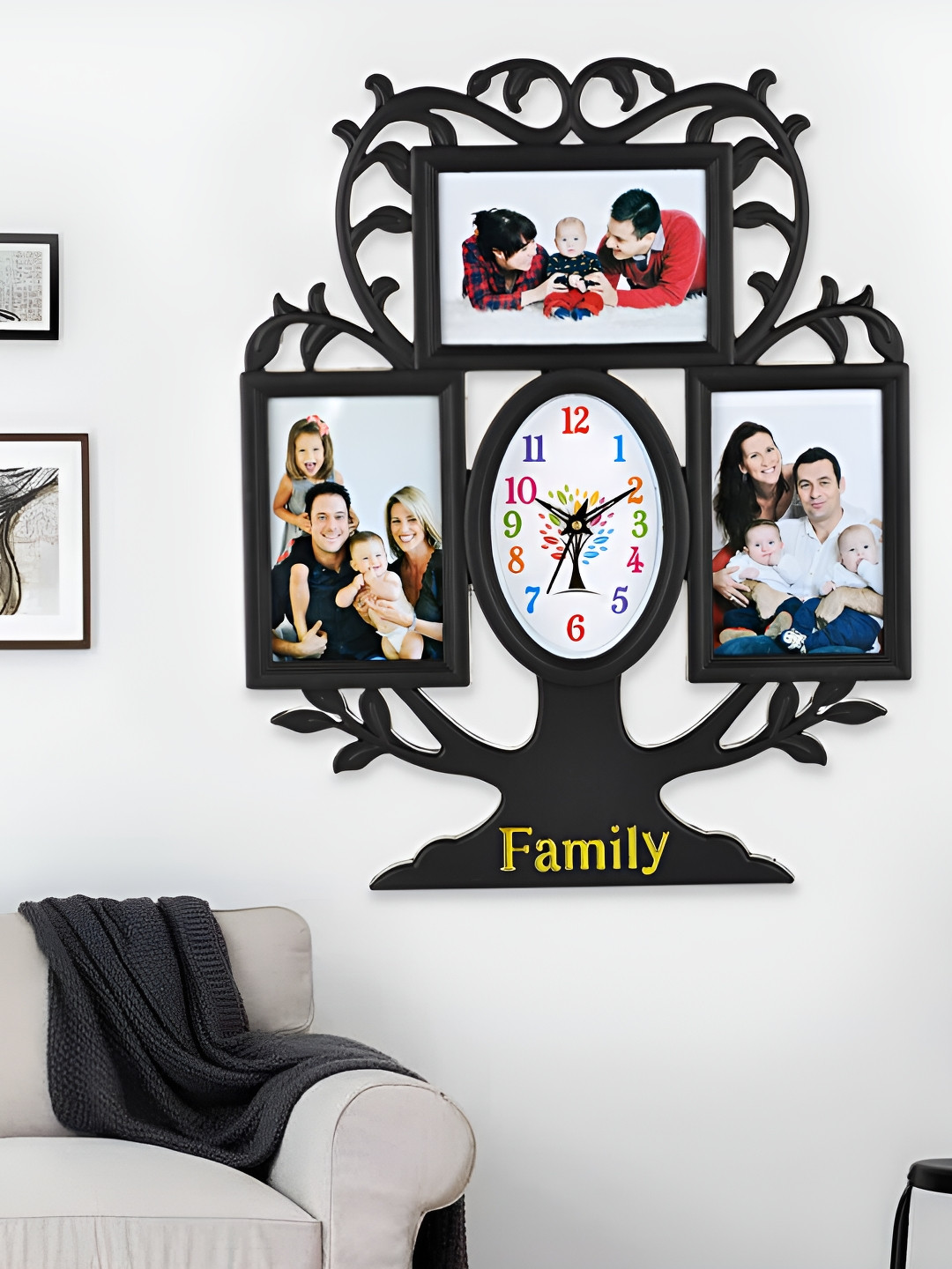 Attractionz Black Plastic Large Display Tree Battery Analogue Photo Frame Wall Clock