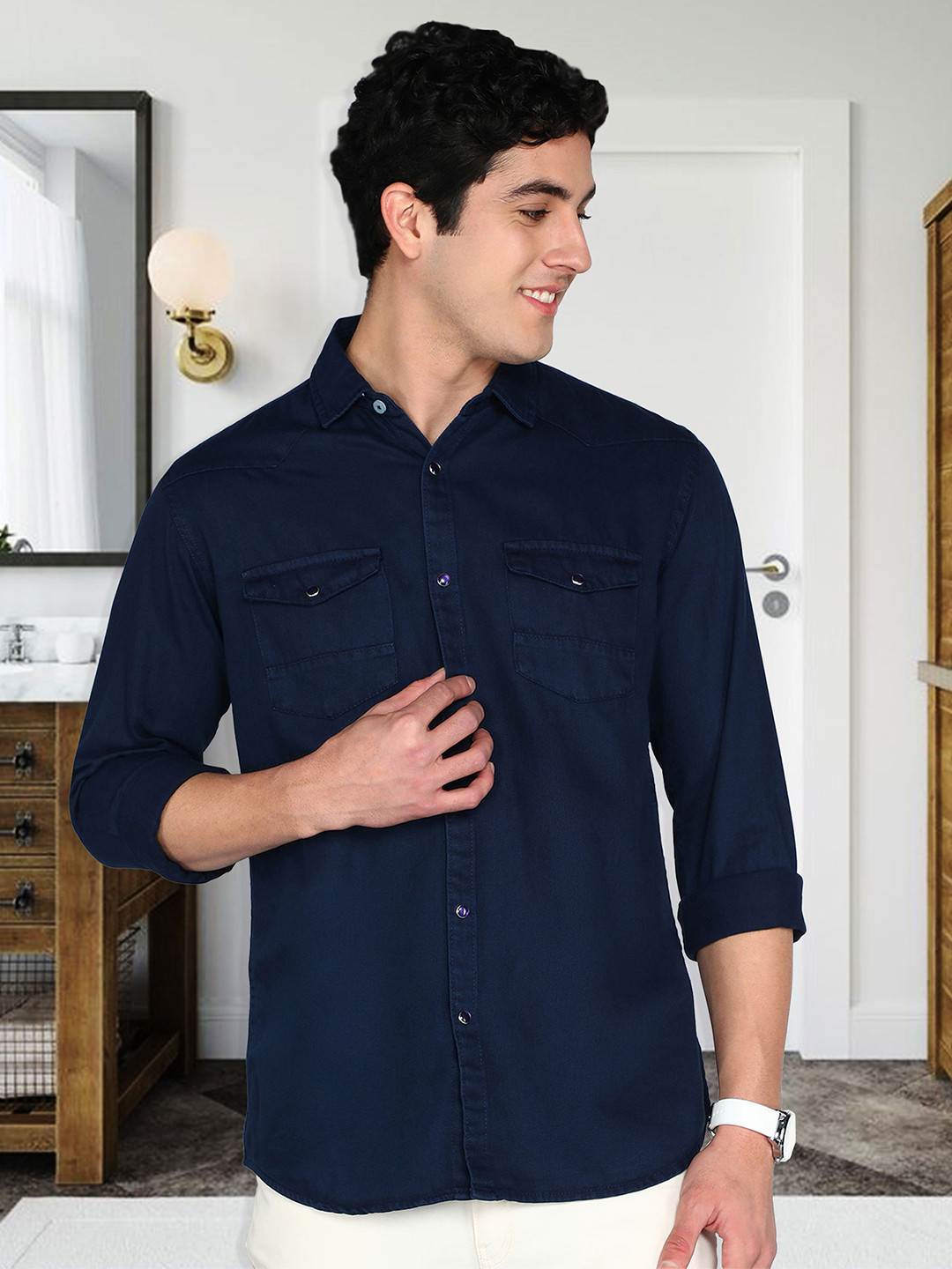 Kuons Avenue Spread Collar Long Sleeves Smart Slim Fit Denim Cargo Casual Shirt