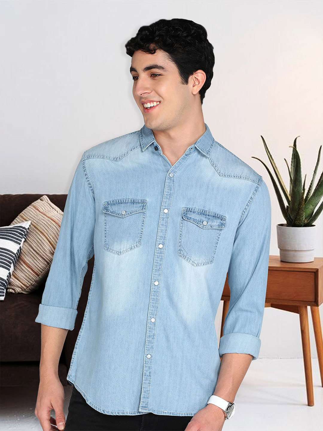 Kuons Avenue Spread Collar Long Sleeves Smart Slim Fit Faded Denim Faded Casual Shirt