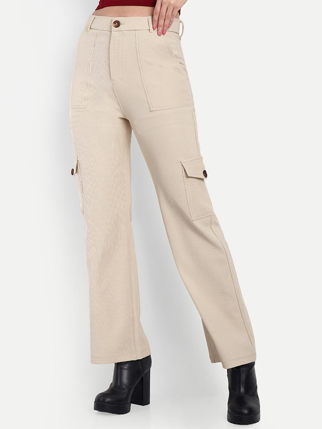 Next One Women Smart Straight Fit High-Rise Easy Wash Corduroy Cargo Trousers