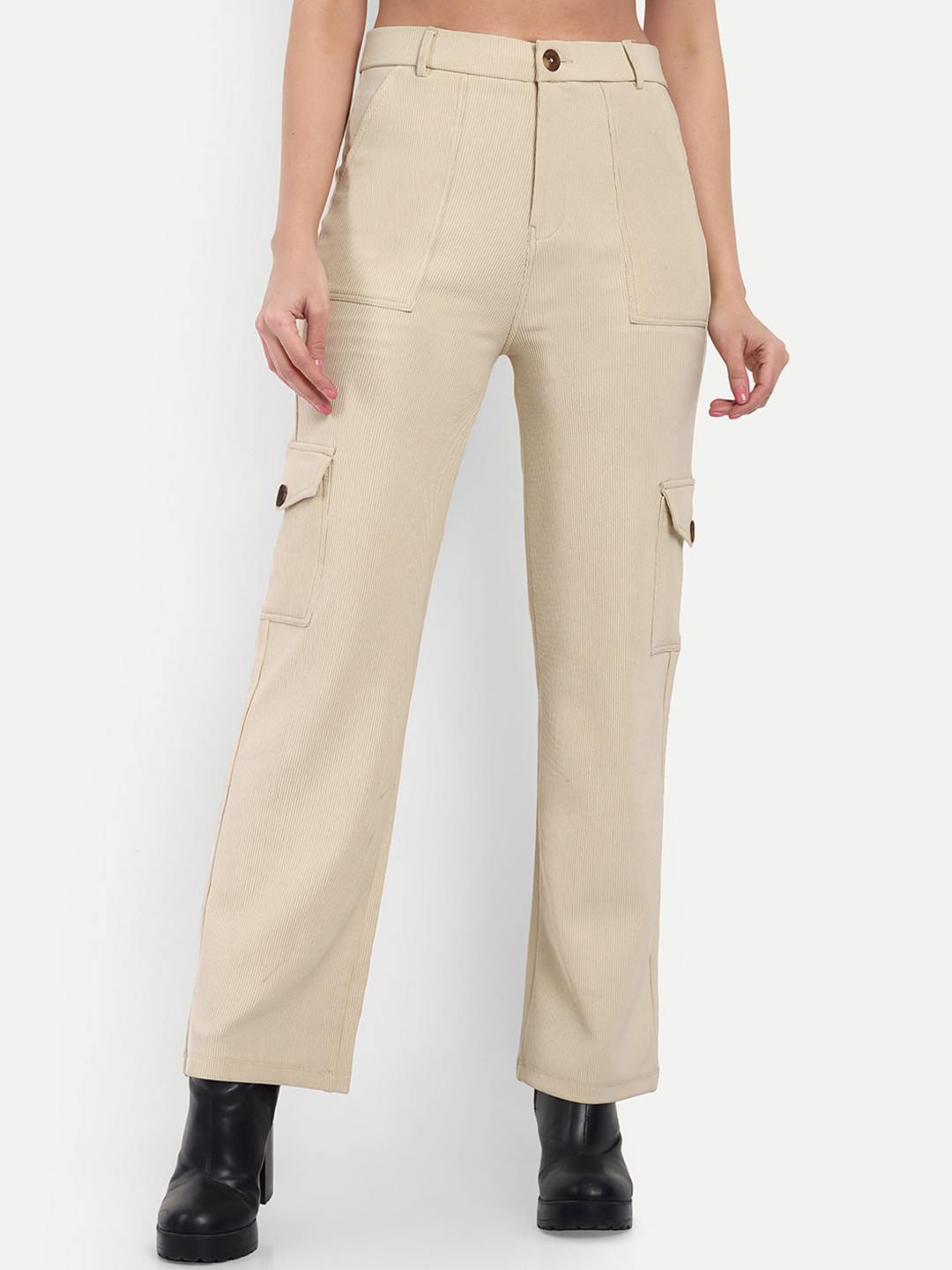 BROADSTAR Women Smart Straight Fit High-Rise Easy Wash Corduroy Cargos Trousers