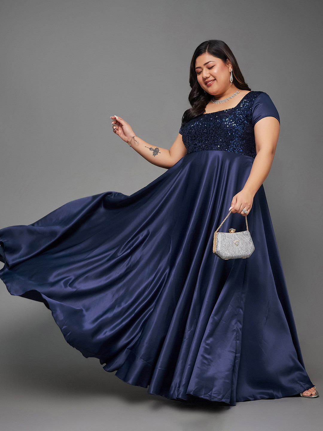 Miss Chase A+ Plus Size Square Neck Embellished Georgette Maxi Dress