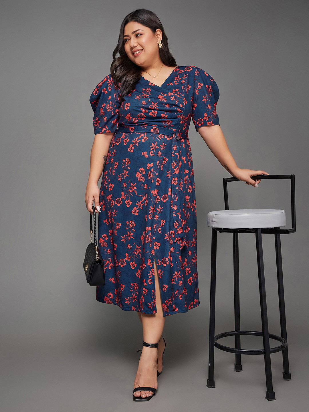Miss Chase A+ Plus Size Floral Printed V-Neck Puff Sleeves Wrap Midi Dress With Slit