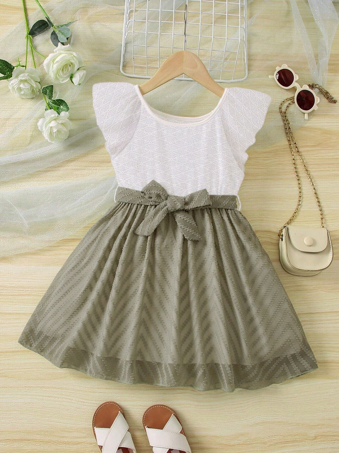 BAESD Girls Self Design Flared Sleeves Cotton Goergette Fit & Flare Dress With Belt