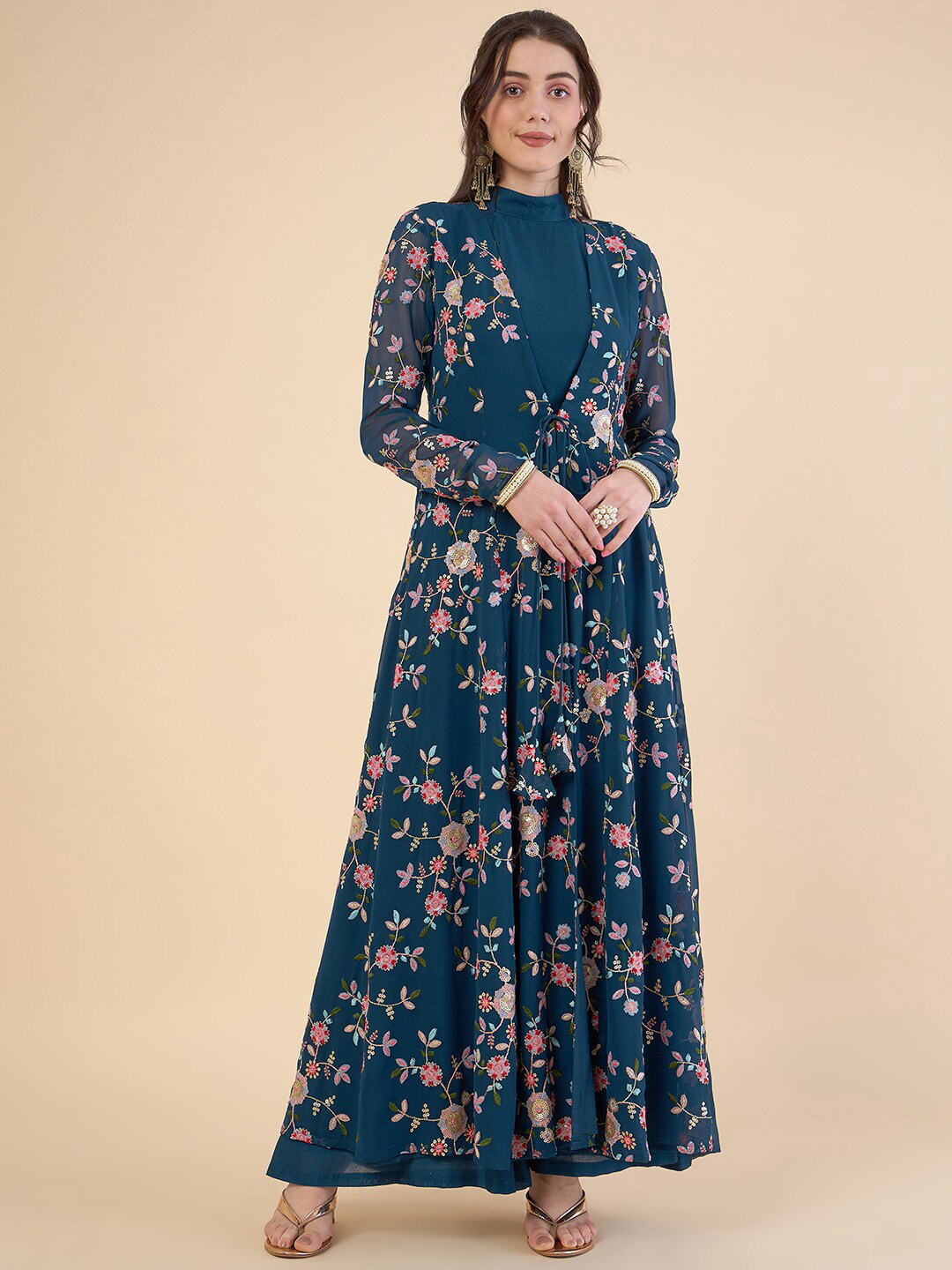 ADORNIA High Neck Crop Top with Palazzo & Embroidered Shrug