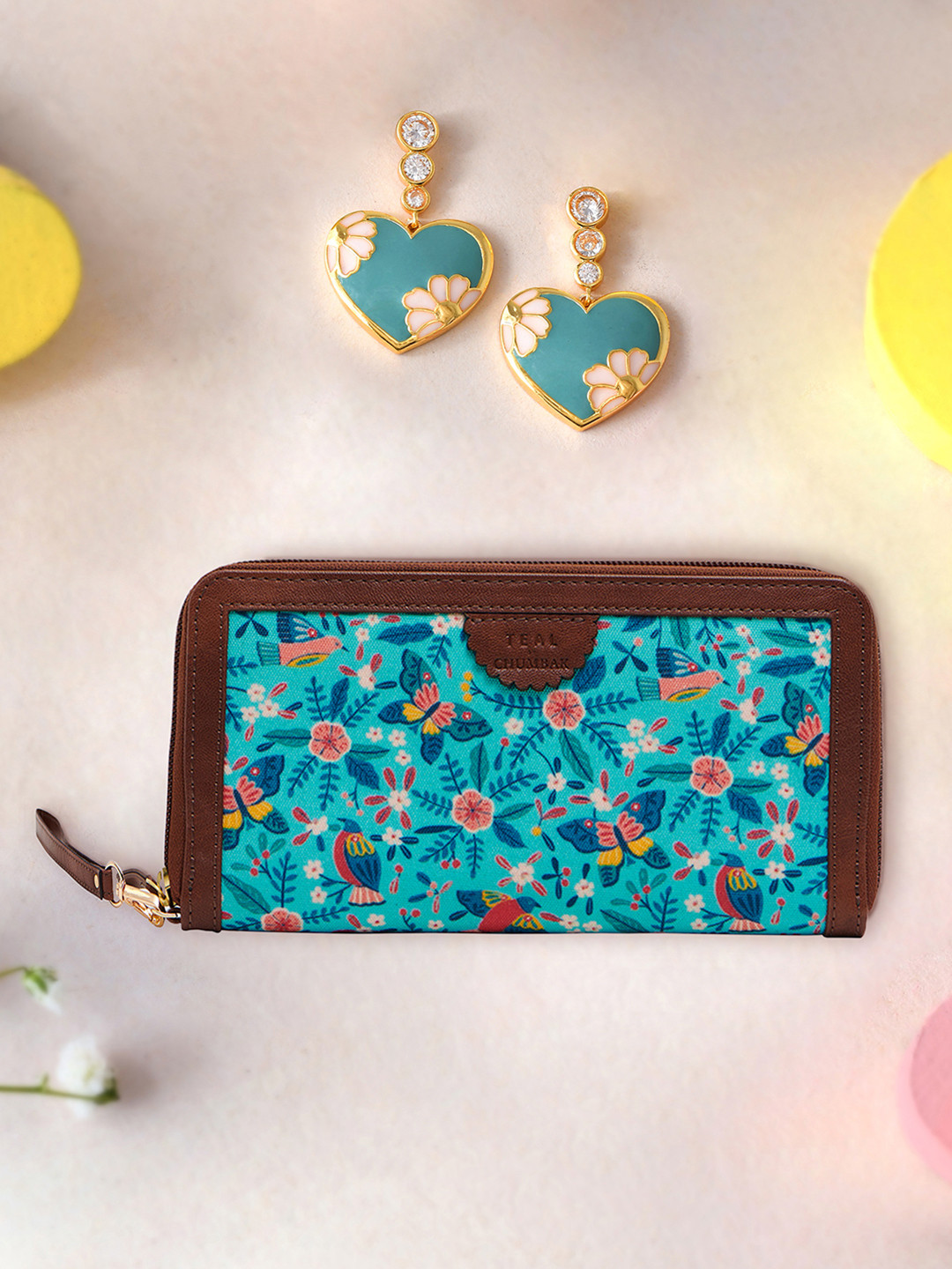 Voylla Gold-Plated Stone Studded Enameled Heart Shaped Drop Earrings With Long Wallet