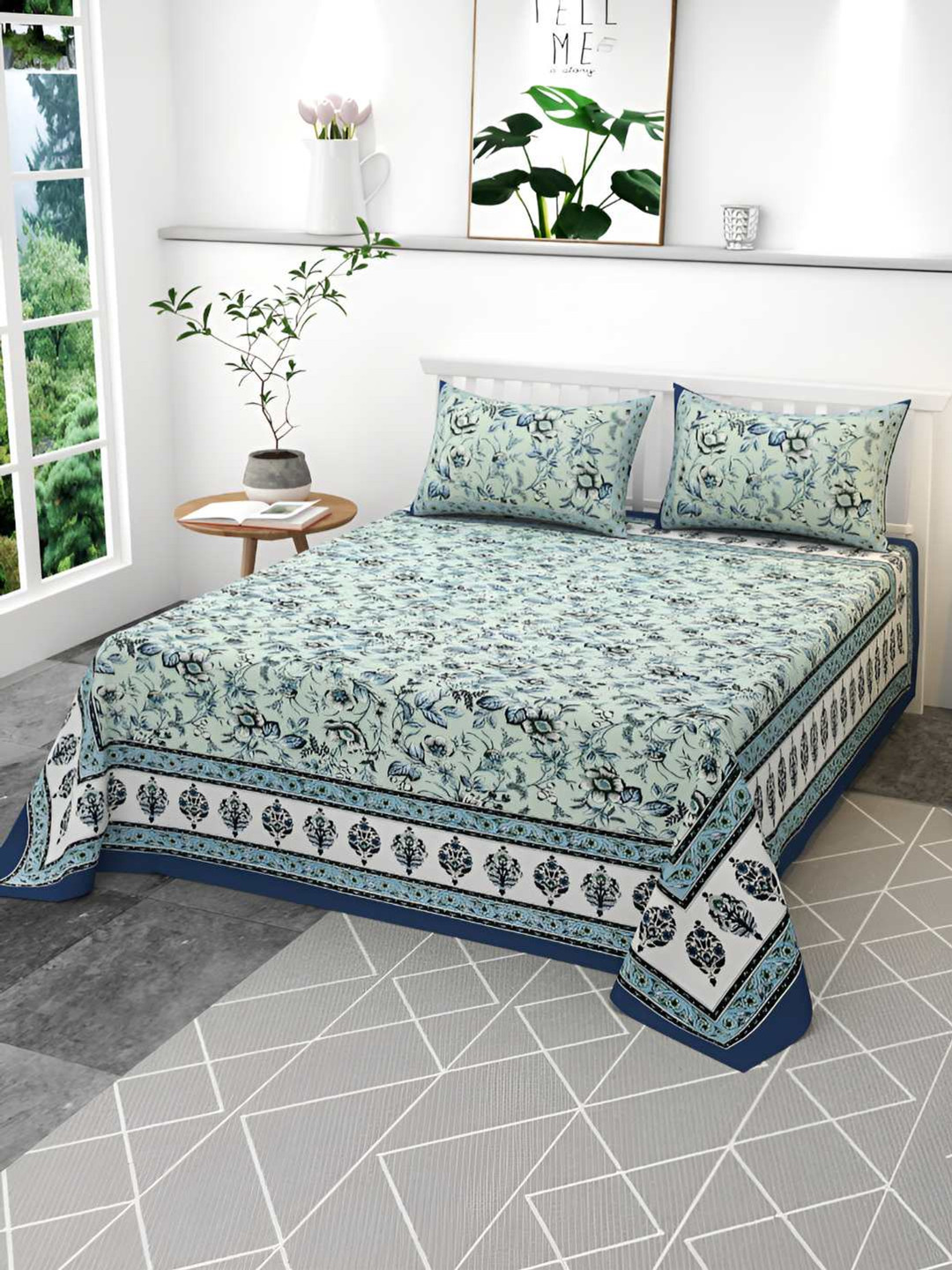 CLIO'S HERITAGE STORE Blue Floral Cotton 210 TC King Fine Bedsheet with 2 Pillow Covers-100 x 108 cm