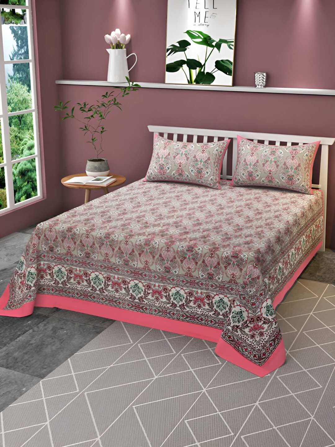 CLIO'S HERITAGE STORE Pink Floral Cotton 210 TC King Fine Bedsheet with 2 Pillow Covers-39 x 43 inches