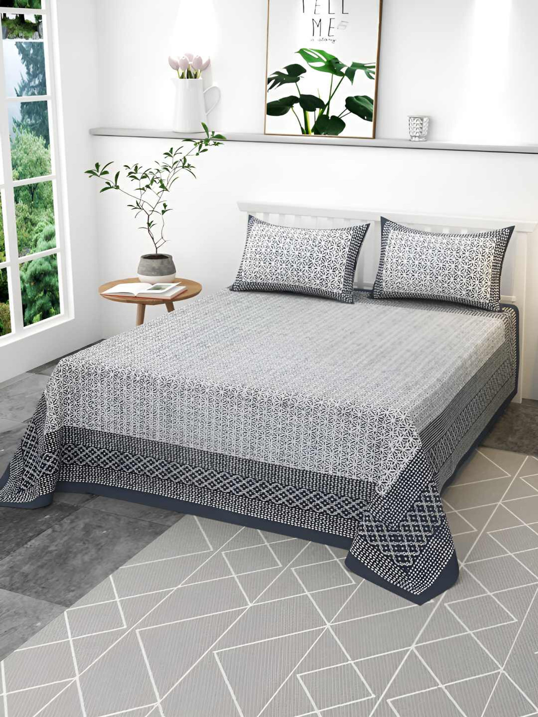 CLIO'S HERITAGE STORE Timeless Sanganeri Grey Floral Pure Cotton 210 TC King Fine Bedsheet with 2 Pillow Covers-39 x 43 inches