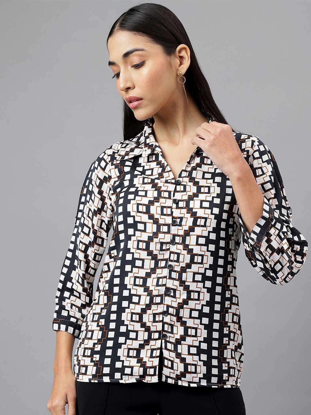 Latin Quarters Geometric Printed Mandarin Collar Shirt Style Top